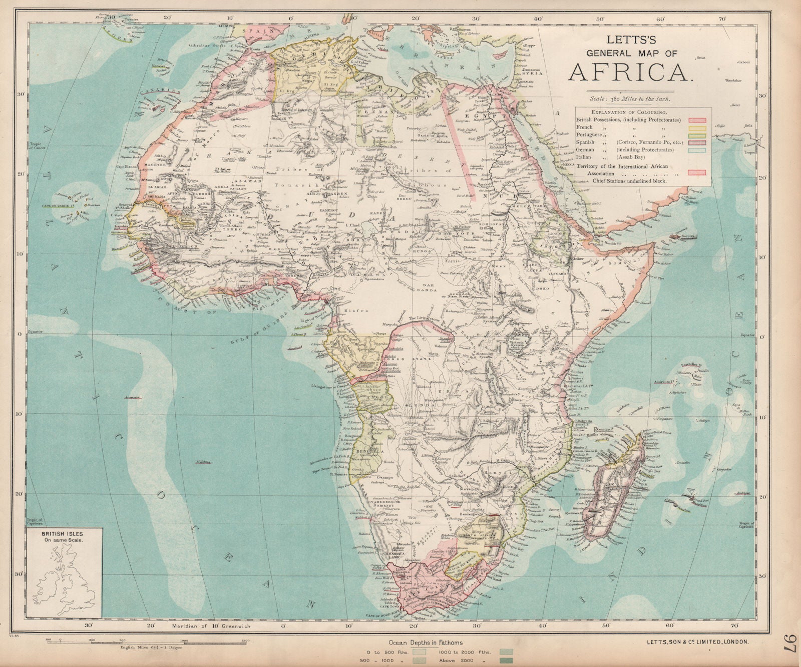 COLONIAL AFRICA. International African Association (Congo). LETTS 1889 old map